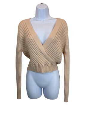 Cali Be Sweater Womens XL Beige Ribbed Wrap Sweater Surplice V Neck Cropped NWT